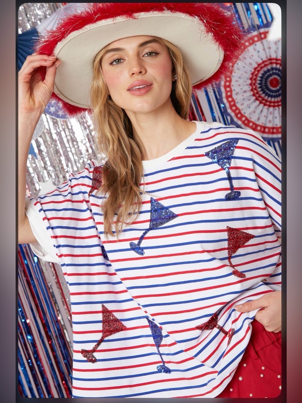 MNLYBABY 4th of July American Striped Red & Blue with martini glasses